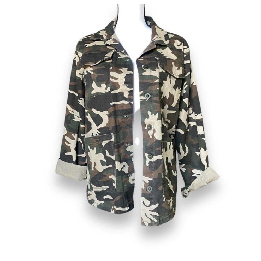 Anthropology Sanctuary Camo Print Cargo Jacket Sz M Green Brown Utility Casual